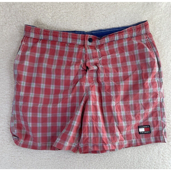 Tommy Hilfiger Swim Trunks Mens Large Blue/Red Plaid Drawstring Pockets Flag - Picture 1 of 12